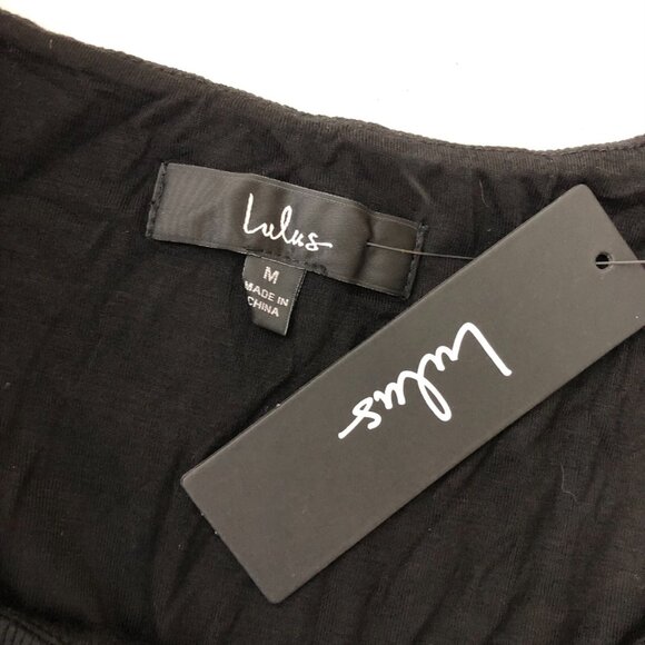 Lulus Bodysuit Long Puff Sleeve Ribbed Knit Scoop Neck Black Stretch M - Picture 3 of 5